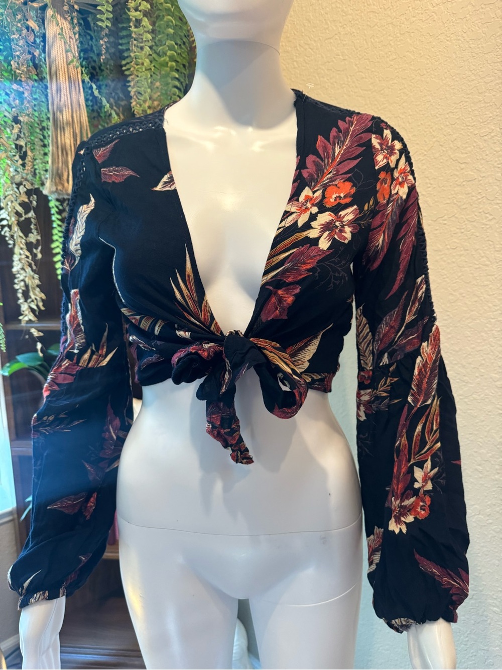 Patrons of Peace Black Floral Tie-Front Crop Top with Red & Cream Accents